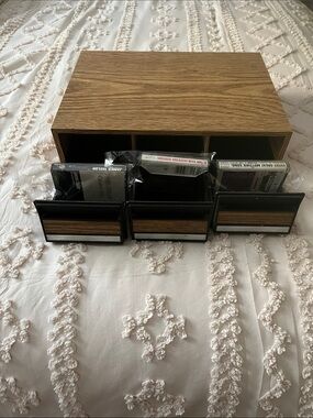 Wood-Tone Media Storage Case with 3 Black Drawer Holders